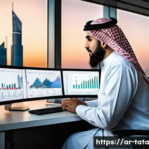 Home 29 시계열 데이터 분석의 통계적 기초 - A detailed digital illustration of an Arabic business analyst in traditional attire, sitting at a mo...
