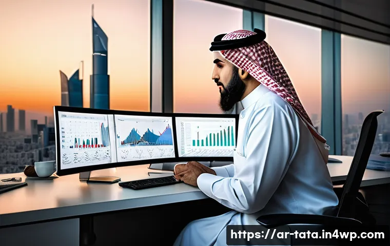 시계열 데이터 분석의 통계적 기초 - A detailed digital illustration of an Arabic business analyst in traditional attire, sitting at a mo...