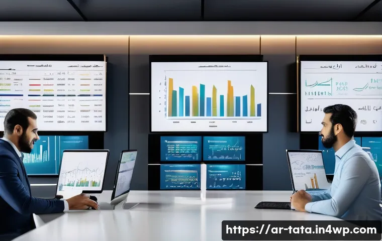 시계열 예측에 대한 비즈니스 적용 사례 - A sophisticated business analytics office scene set in a modern Middle Eastern city with Arabic call...