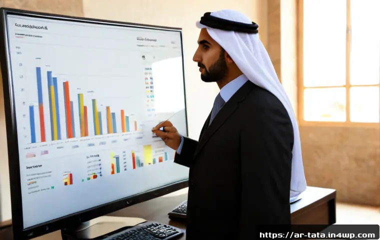 시계열 예측을 위한 과거 데이터 활용하기 - Photorealistic Middle Eastern financial analyst in modest business attire studying several years of ...